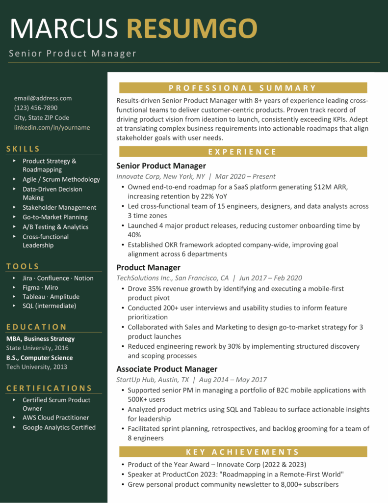 Green resume template preview with table-based sections, clear layout, and modern professional formatting