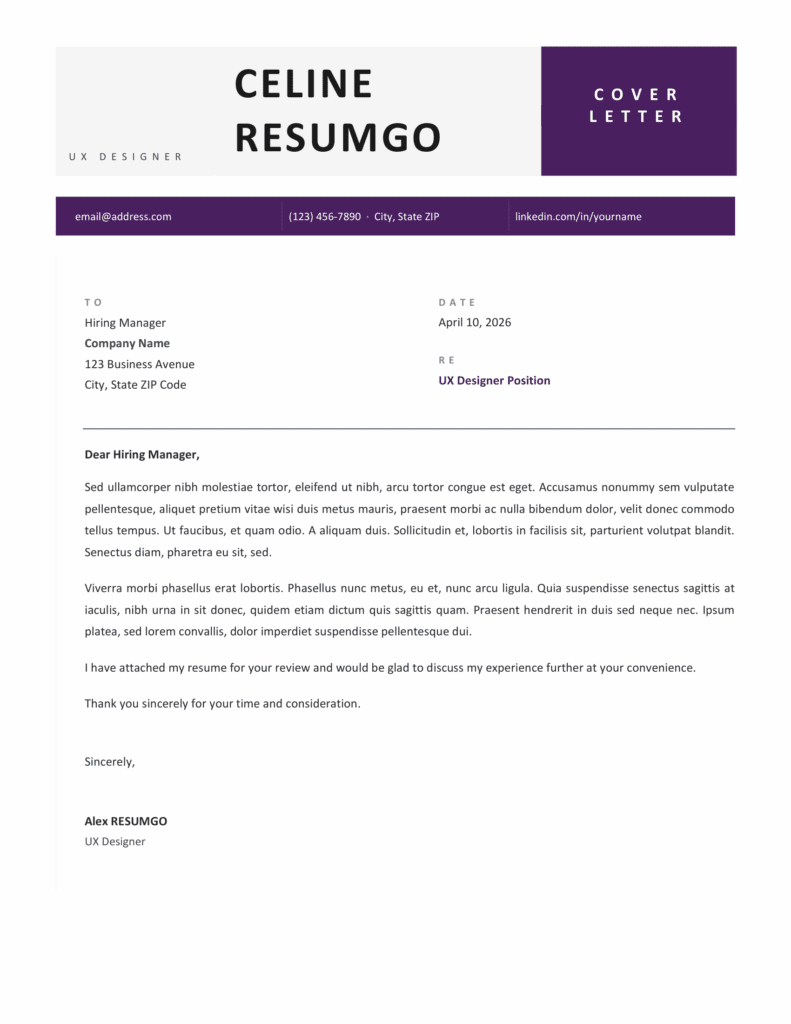 Purple cover letter template with modern layout and matching resume design for consistent job application