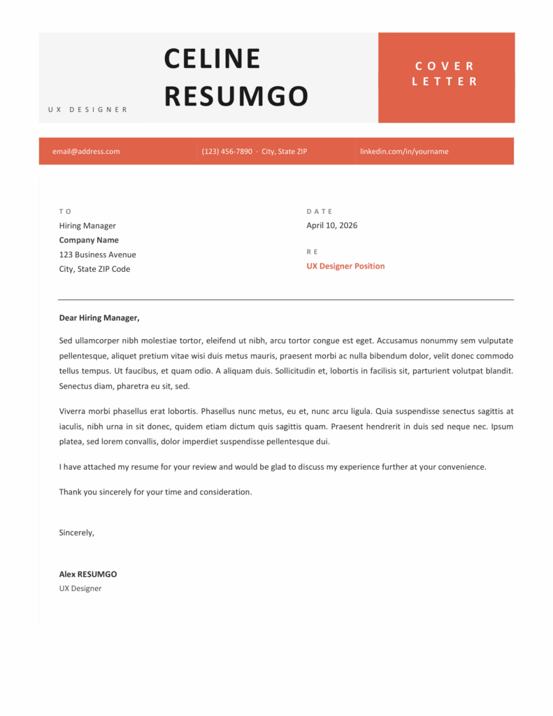 Red cover letter template with clean typography and matching resume style for professional applications