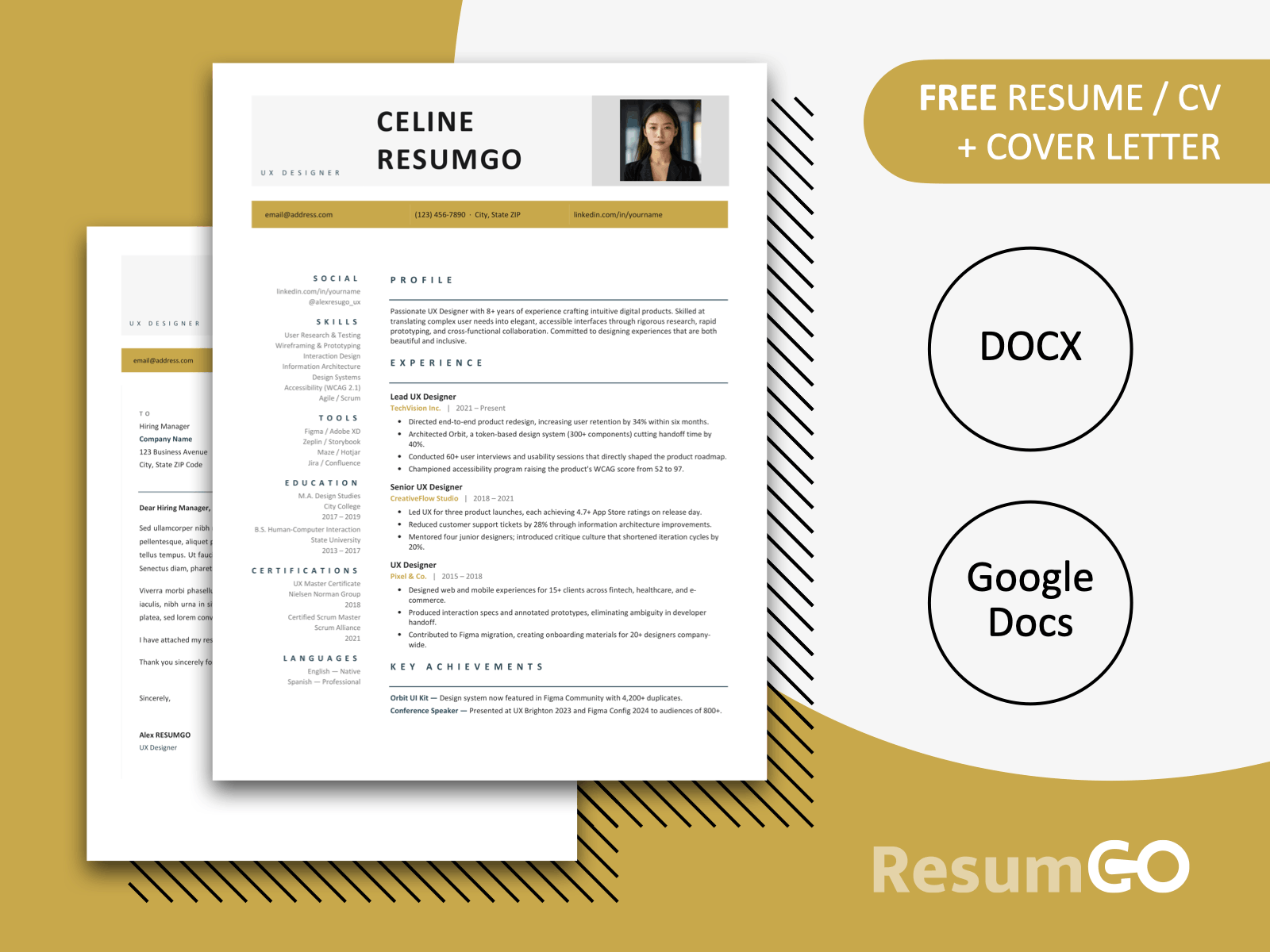 Modern resume template in brown color with clean layout, photo placeholder, and structured sections for professional CV