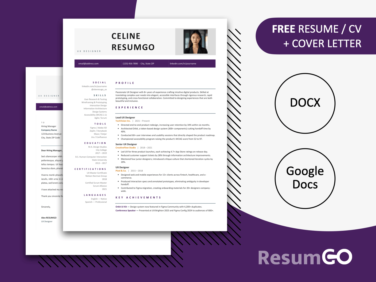 Modern resume template in purple color with clean layout, photo placeholder, and structured sections for professional CV