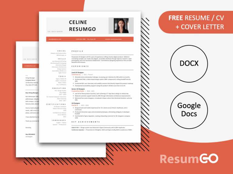 Modern resume template in red color with structured layout, photo placeholder, and clear sections for professional use
