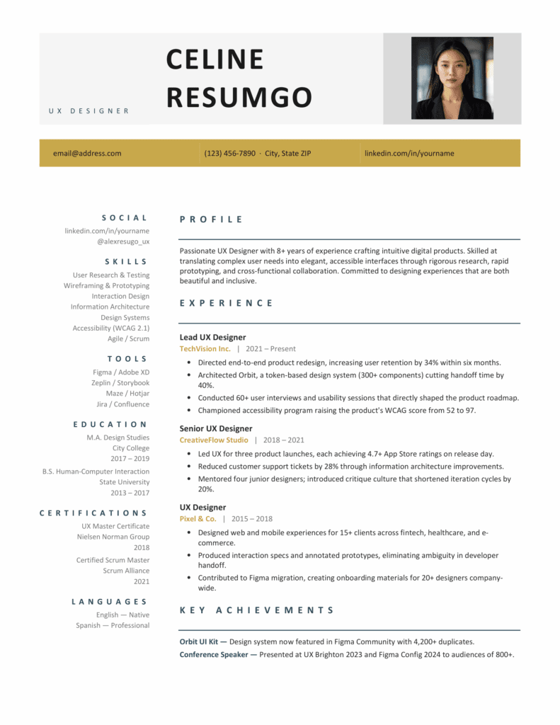 One page brown resume template with clear sections, profile photo, and structured experience and skills layout