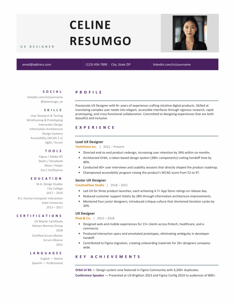 One page purple resume template with organized sections, profile photo, and clear experience and skills presentation