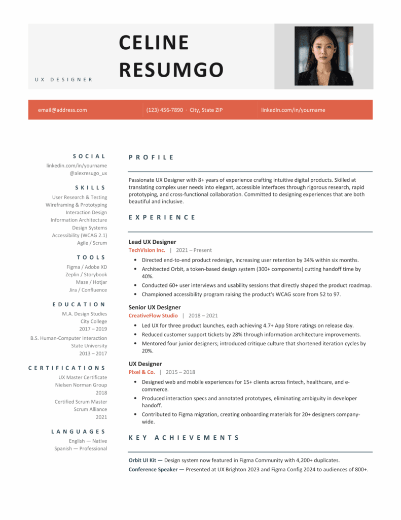 One page red resume template with clean sections, profile image, and structured experience and skills layout