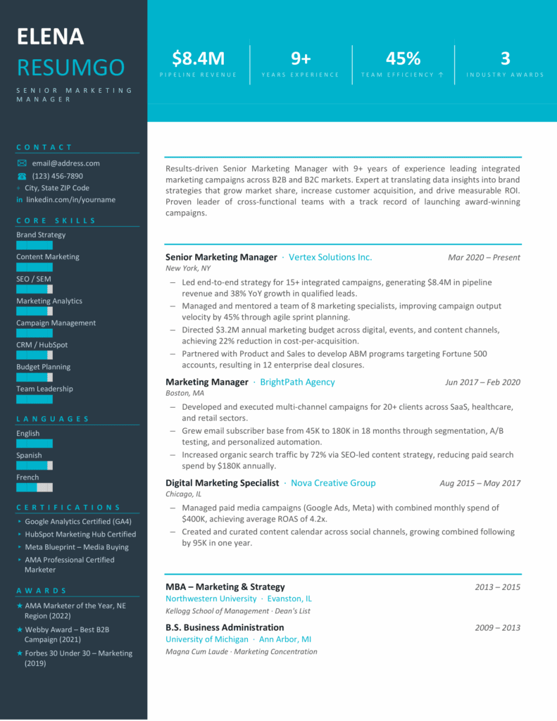 Vasco Da Gama Metrics Resume Template Blue Resume Preview Blue Vasco Da Gama Metrics resume template preview with top achievement banner, sidebar sections, and clean layout