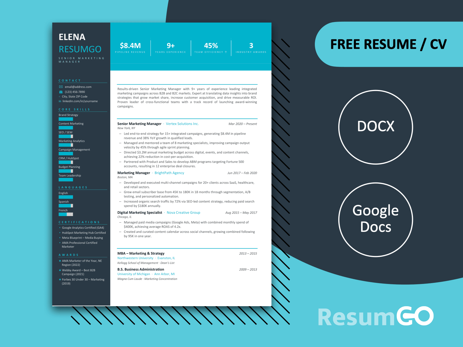 Vasco Da Gama Metrics Resume Template in blue with bold top metrics banner and modern sidebar layout