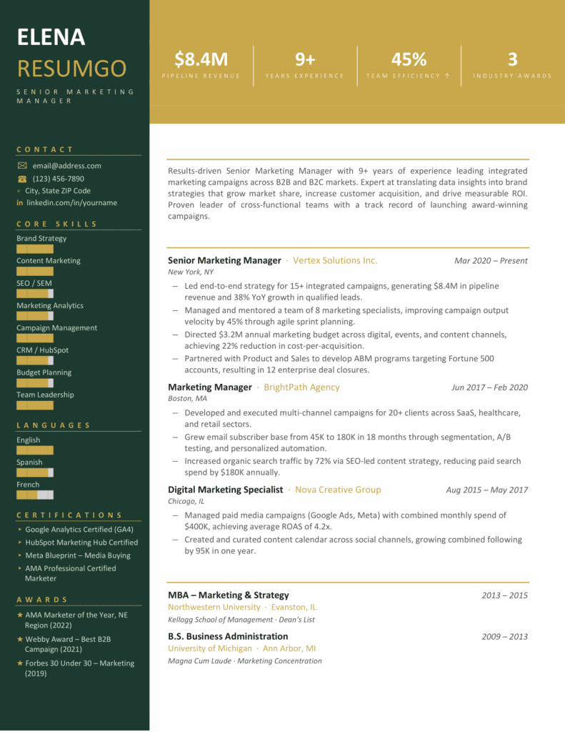 Vasco Da Gama Metrics Resume Template Green Resume Preview Green Vasco Da Gama Metrics resume template preview with metric header, structured sidebar, and clear content sections