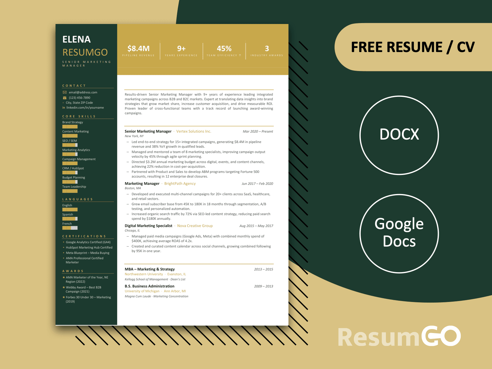Vasco Da Gama Metrics Resume Template in green with original top metrics banner and modern professional layout
