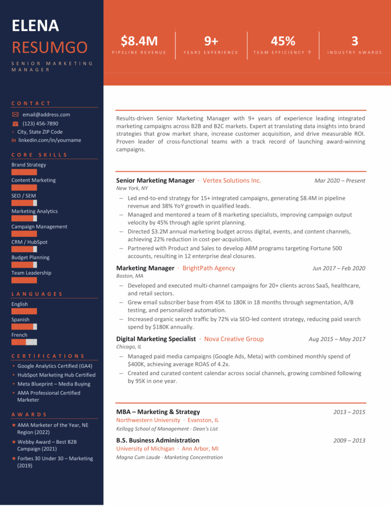 Vasco Da Gama Metrics Resume Template Red Resume Preview Red Vasco Da Gama Metrics resume template preview with bold metric highlights, sidebar details, and modern structure