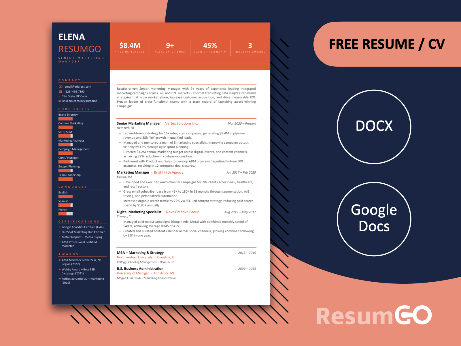 Vasco Da Gama Metrics Resume Template in red with striking top metrics banner and modern sidebar resume design