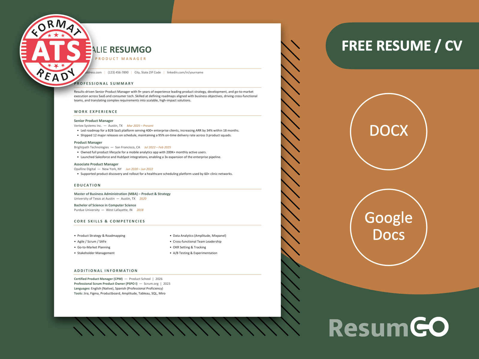 Westgate Signature ATS resume template in green with clean one-page layout for Word and Google Docs