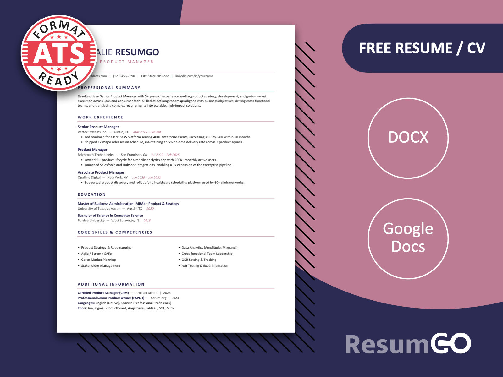 Westgate Signature ATS resume template in purple with clean professional layout for Word and Google Docs