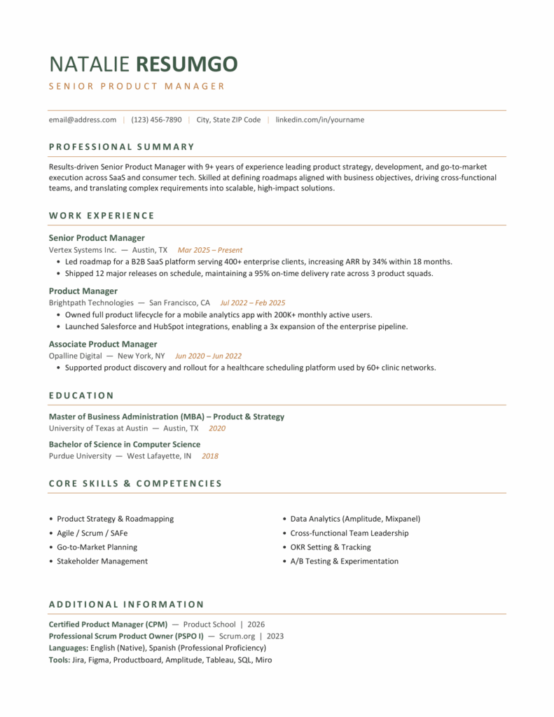 Preview of the Westgate Signature resume template in green with structured ATS-friendly resume layout