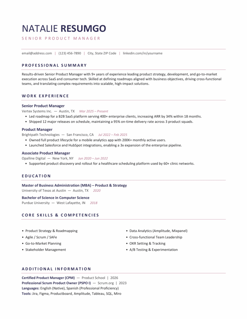 Preview of the Westgate Signature resume template in purple with simple ATS-ready one-page design