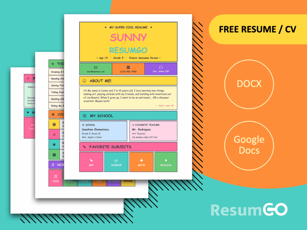 Colorful Xinyi Playful Kids Resume Template for Word and Google Docs with a fun school-style layout for children