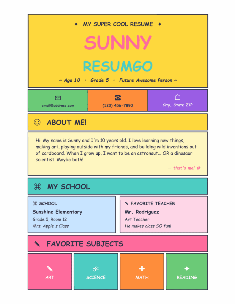 Xinyi Playful Kids Resume Template page 1 preview with colorful creative layout for kids in Word and Google Docs