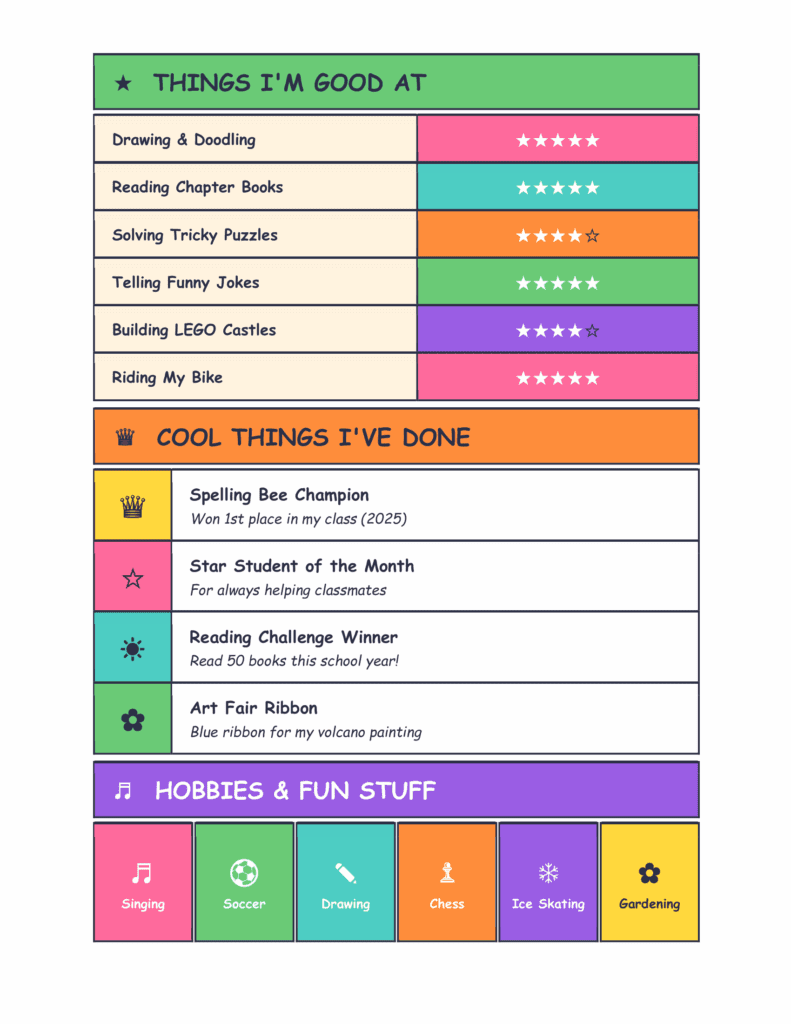 Xinyi Playful Kids Resume Template page 2 preview with colorful creative kids resume design in Word and Google Docs