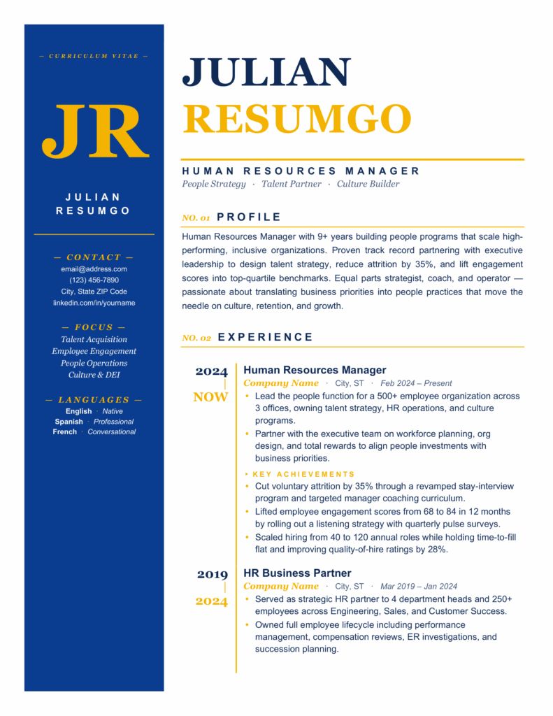Blue Yaquina Heritage resume preview showing a modern CV layout with a bold sidebar and clean structured sections.