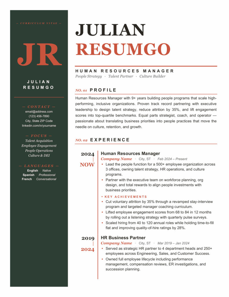 Green Yaquina Heritage resume preview showing a modern CV layout with a bold sidebar and clean structured sections.