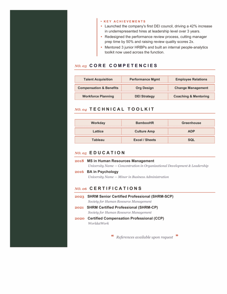 Green Yaquina Heritage CV preview with a clean table-based resume layout, modern typography, and structured content.