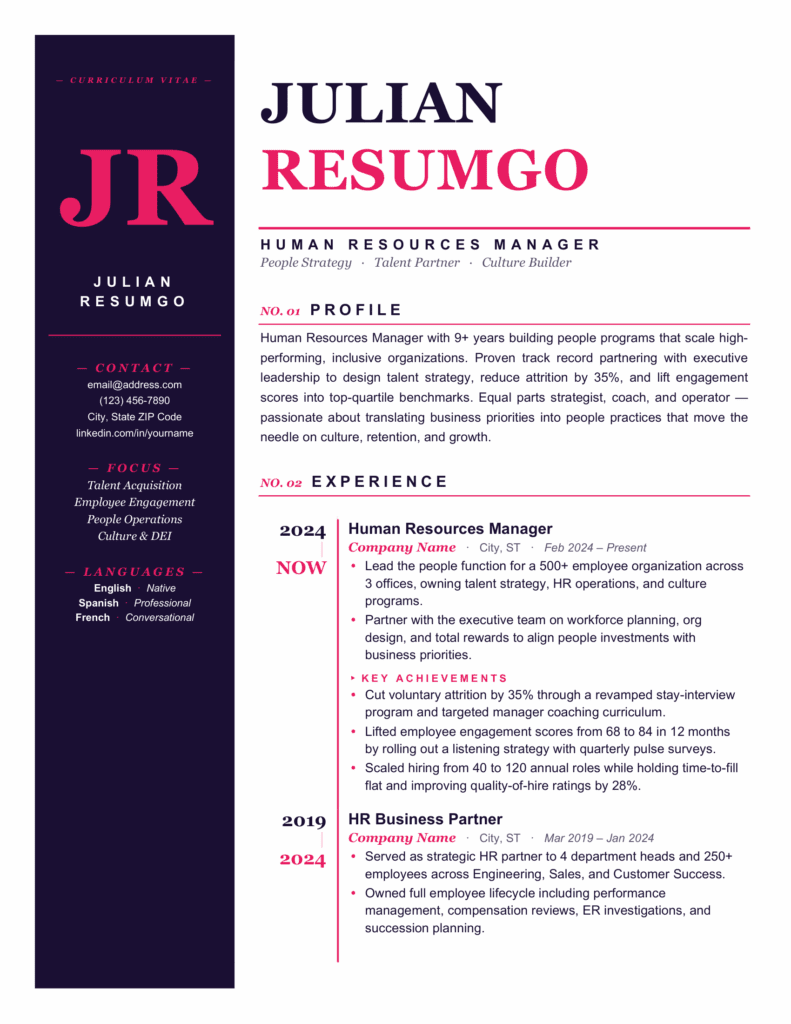 Purple Yaquina Heritage resume preview showing a modern CV layout with a bold sidebar and clean structured sections.
