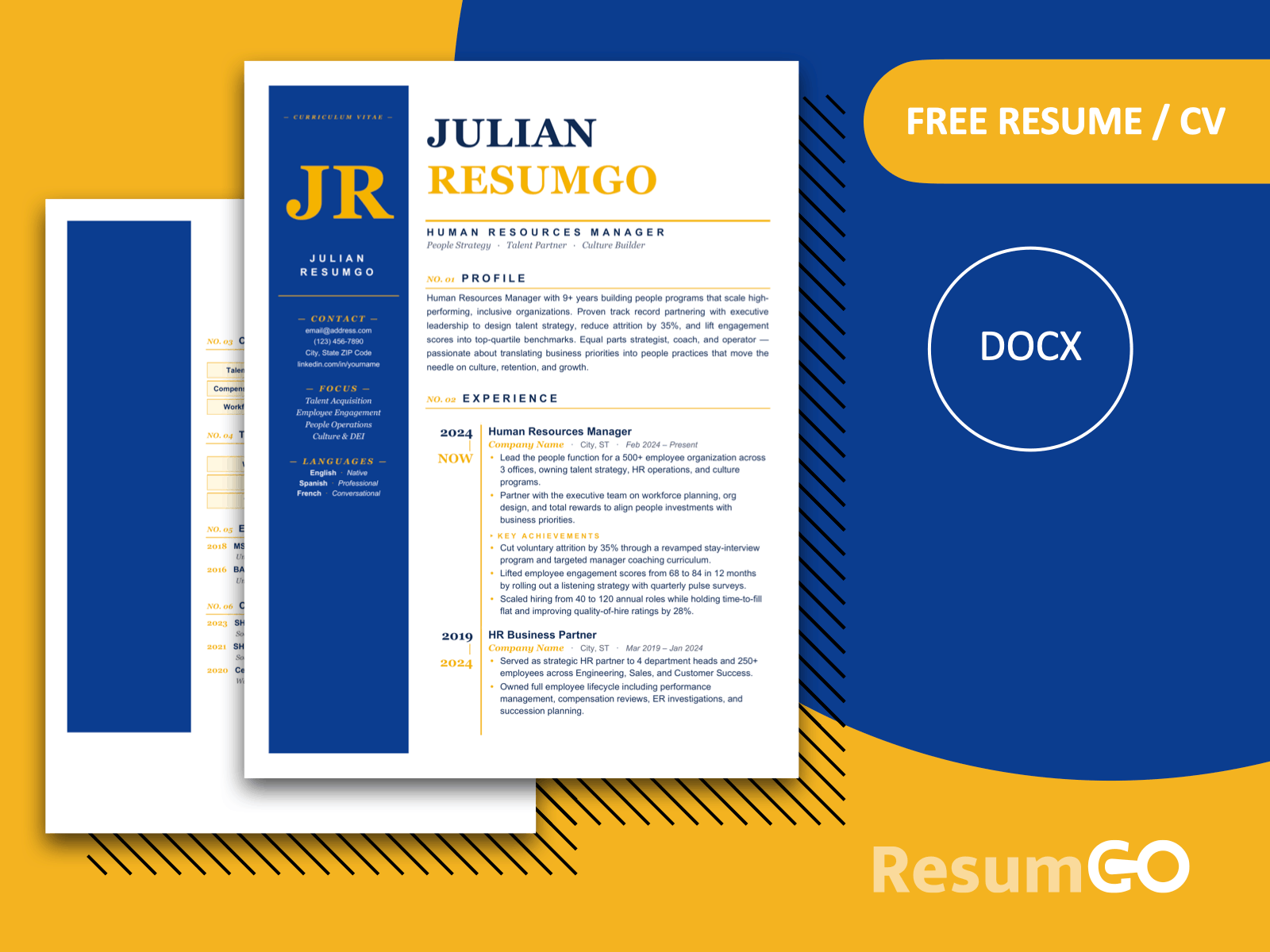 Yaquina Heritage resume template in blue, a modern two-page CV design with a bold sidebar for Word and Google Docs.