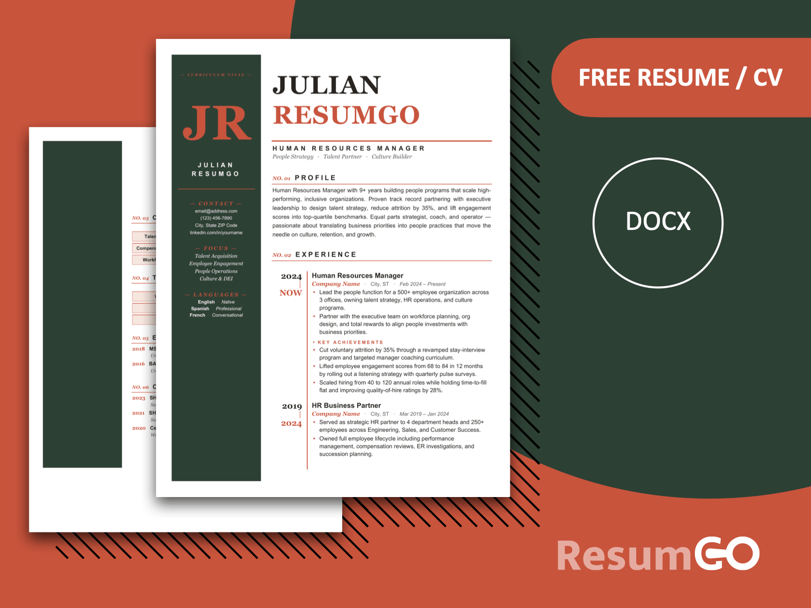 Yaquina Heritage resume template in green, a modern two-page CV design with a bold sidebar for Word and Google Docs.
