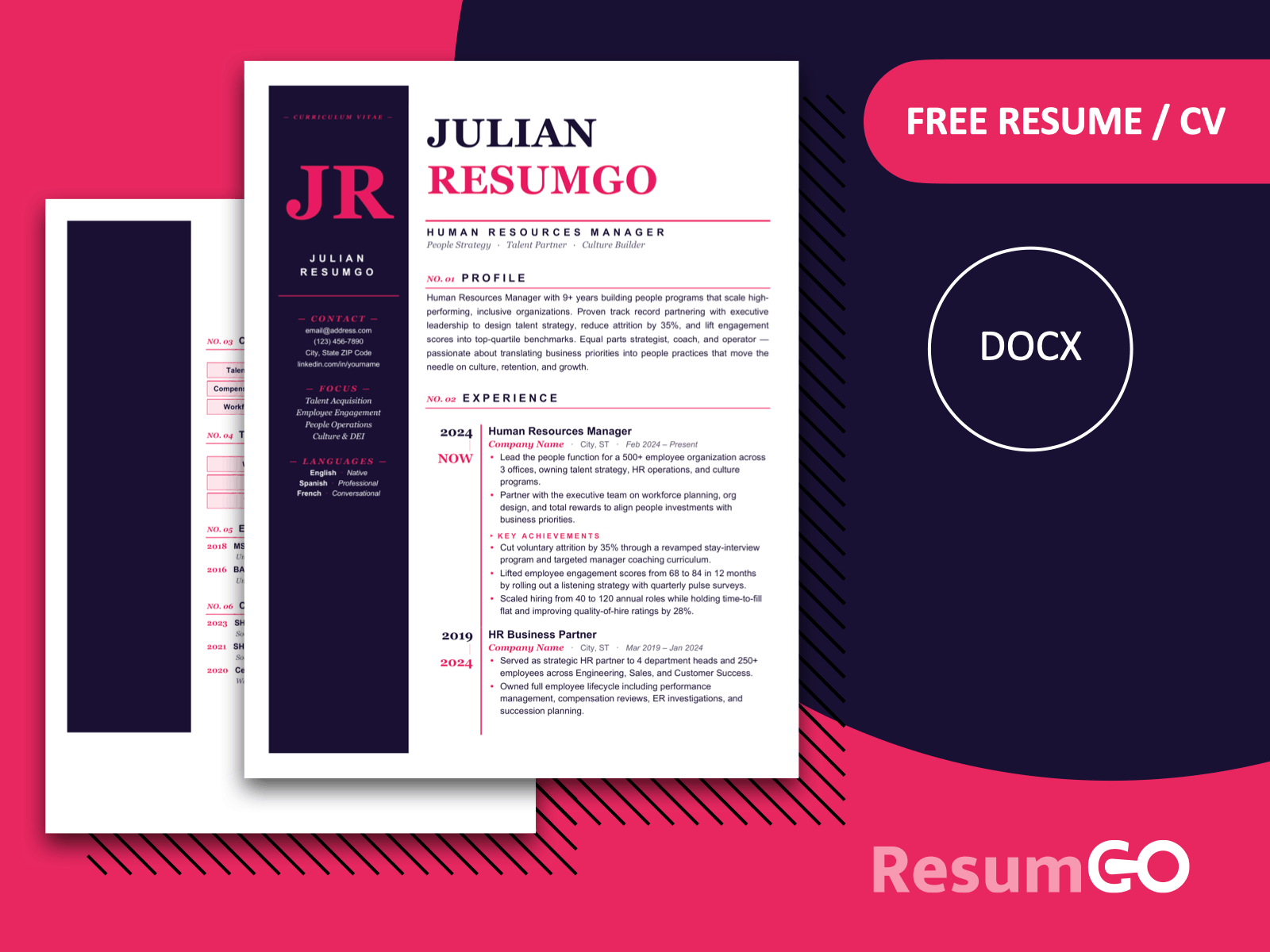 Yaquina Heritage resume template in purple, a modern two-page CV design with a bold sidebar for Word and Google Docs.