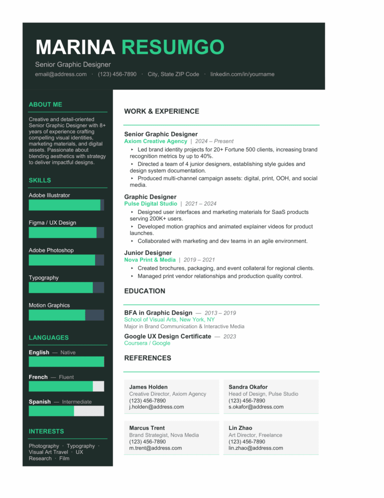 Preview of the Zhoushan green resume template showing the bold sidebar layout, structured sections, and clean modern design.