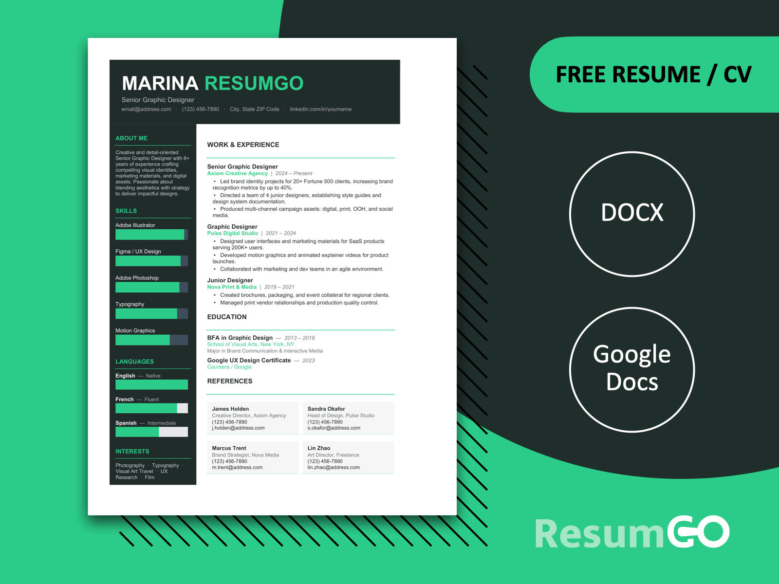 Zhoushan bold sidebar resume template in green with a dark sidebar, bold header, and clean one-column layout for Word and Google Docs.