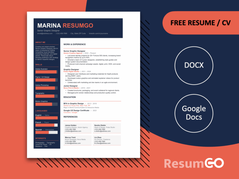 Zhoushan bold sidebar resume template in orange with a dark navy sidebar, strong header, and clean structured layout for Word and Google Docs.