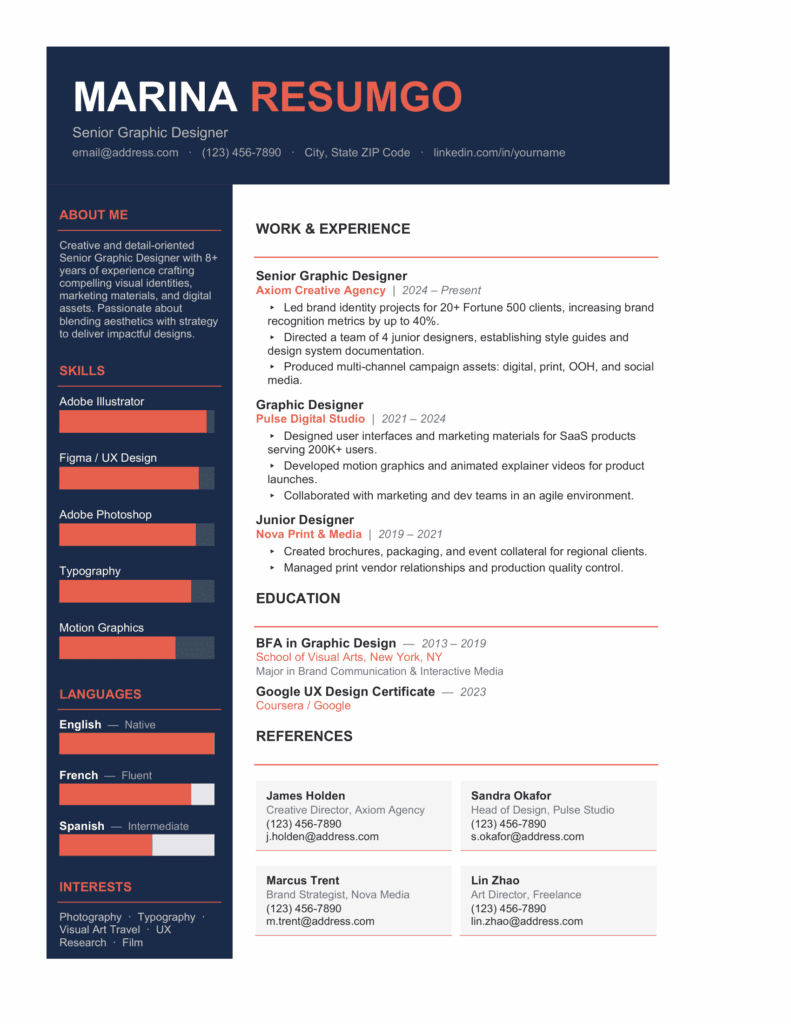 Preview of the Zhoushan orange resume template with a bold sidebar, organized content sections, and a clean modern resume layout.
