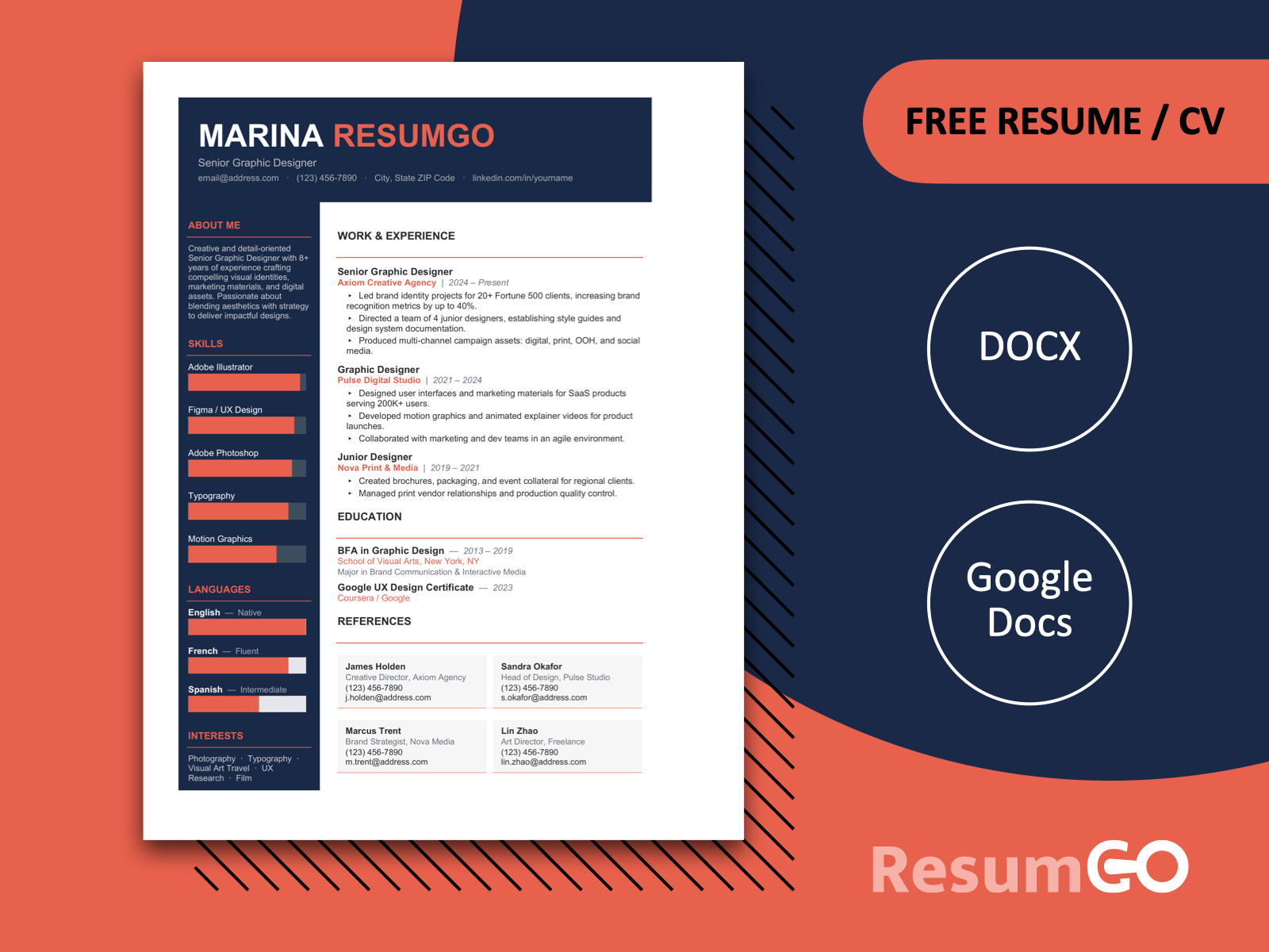 Zhoushan bold sidebar resume template in orange with a dark navy sidebar, strong header, and clean structured layout for Word and Google Docs.