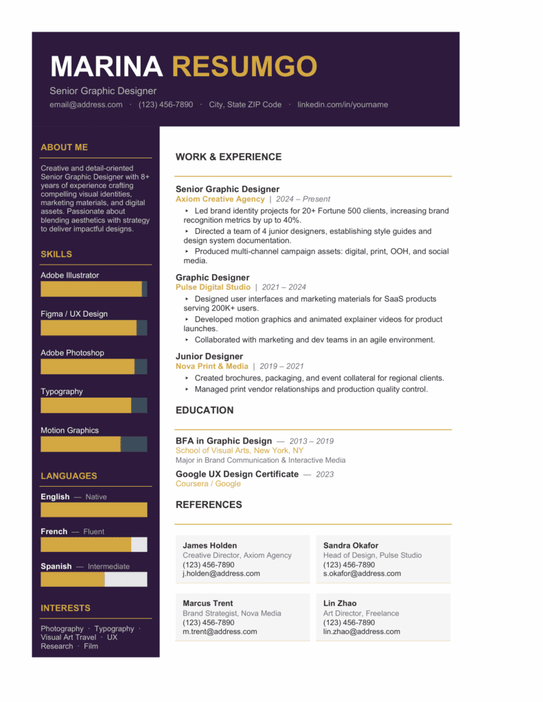 Preview of the Zhoushan yellow resume template featuring a bold sidebar, clear sections, and a modern professional resume design.