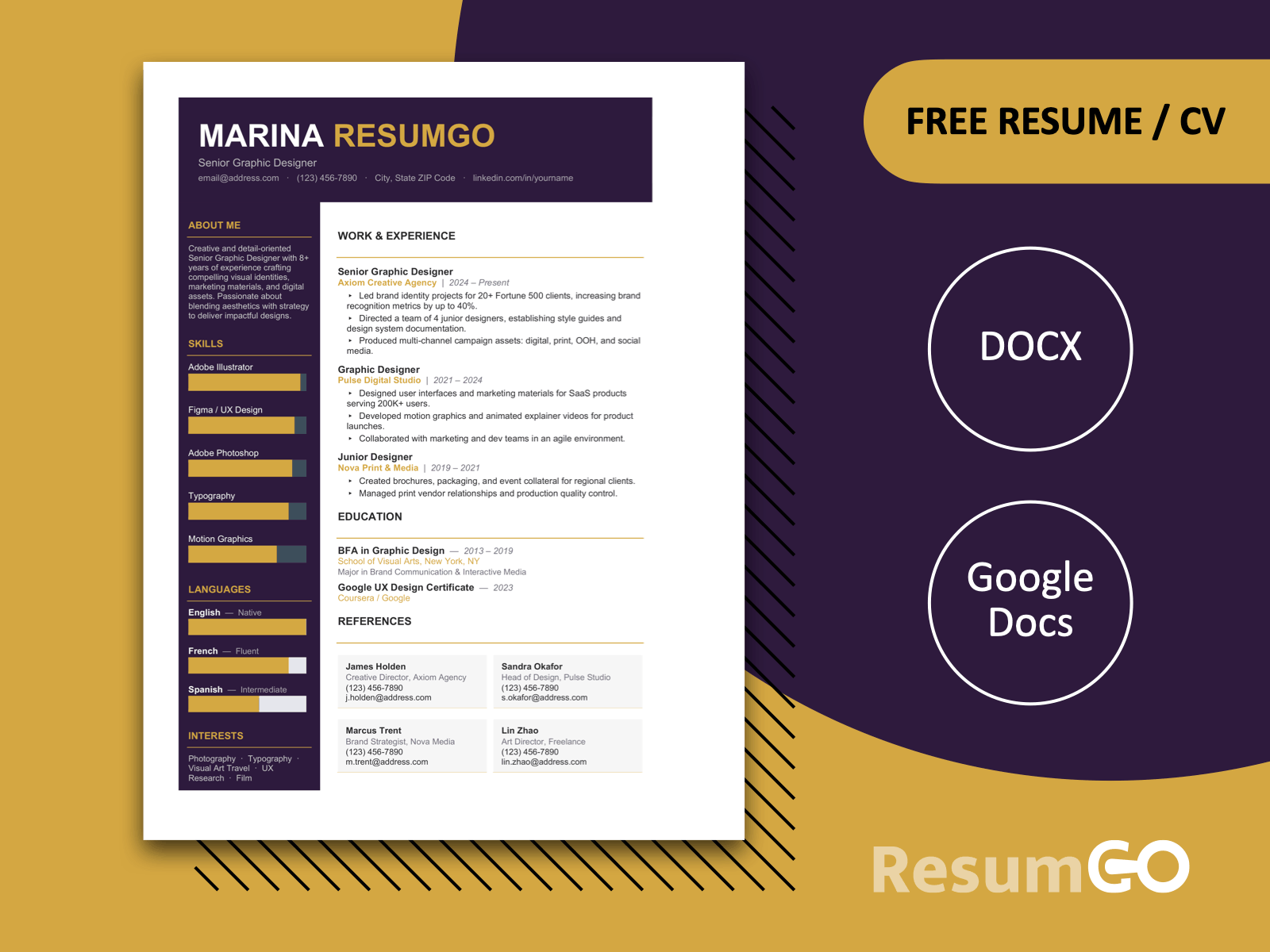 Zhoushan bold sidebar resume template in yellow with a dark plum sidebar, bold header, and clean professional layout for Word and Google Docs.