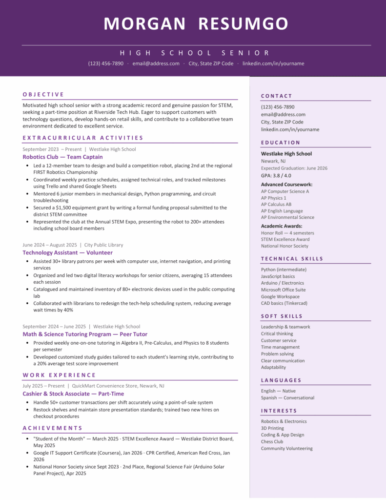 Purple Admont resume preview with a bold header, structured sidebar, and organized sections for skills and experience.