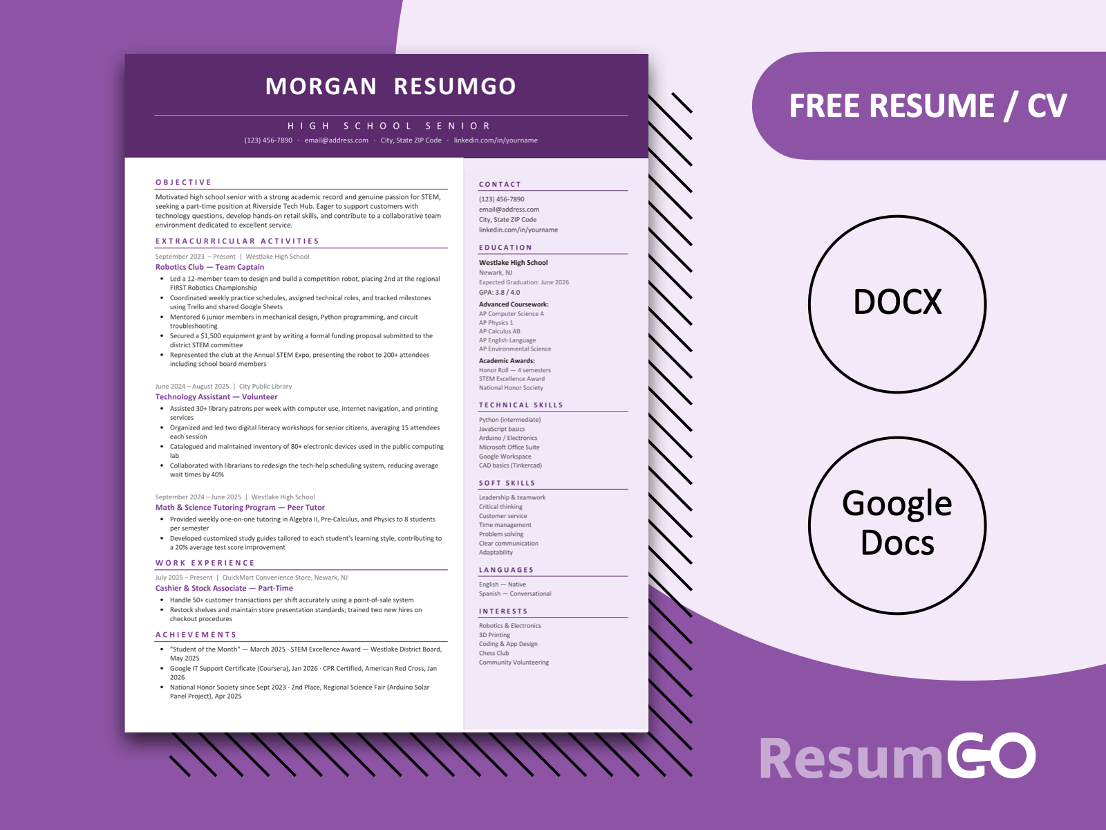 Admont Clean Modern Resume Template in purple with a bold header, right sidebar, and clean two-column layout.