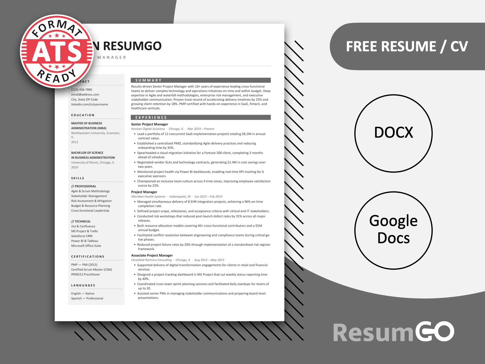 Bodleian ATS sidebar resume template with black and white layout for Word and Google Docs