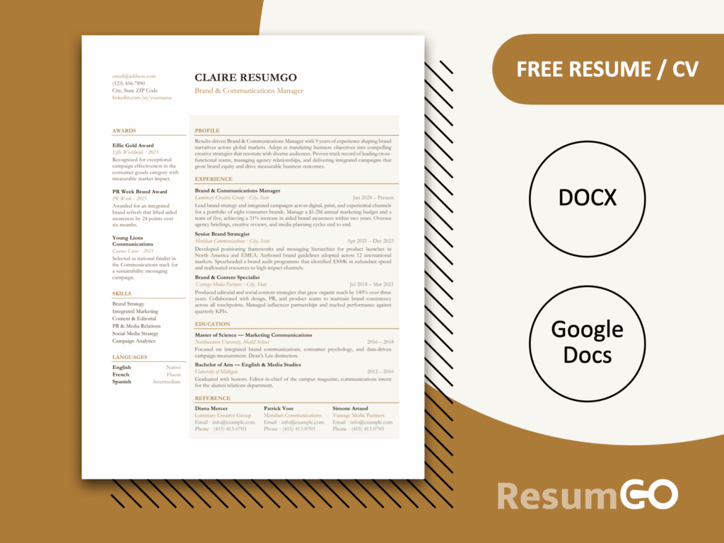 Clementinum elegant modern resume template with Garamond typography and warm brown accents