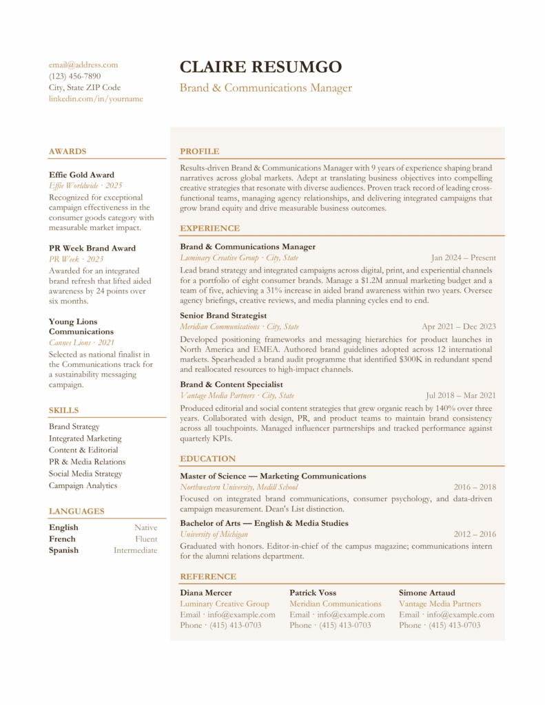 Preview of Clementinum elegant modern resume template with sidebar layout and brown accents