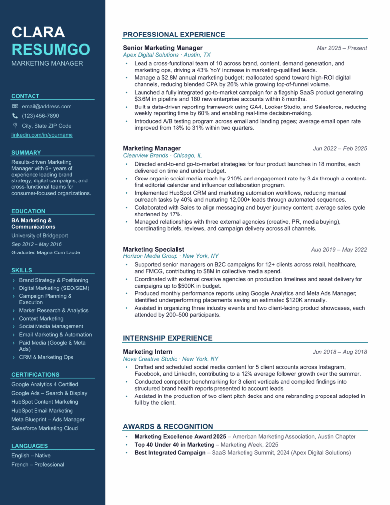 Duke Humfrey Modern Sidebar Resume Preview Duke Humfrey resume template preview with blue sidebar, clean sections, and professional ATS-ready design