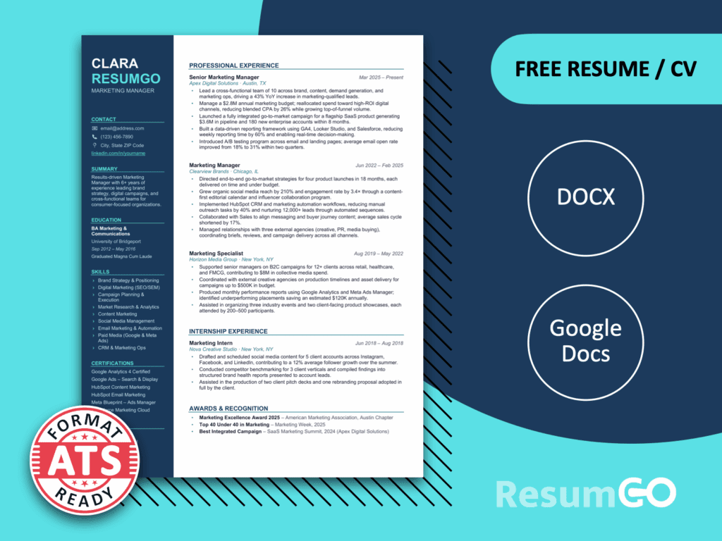 Duke Humfrey modern sidebar resume template with blue ATS-friendly layout for Word and Google Docs