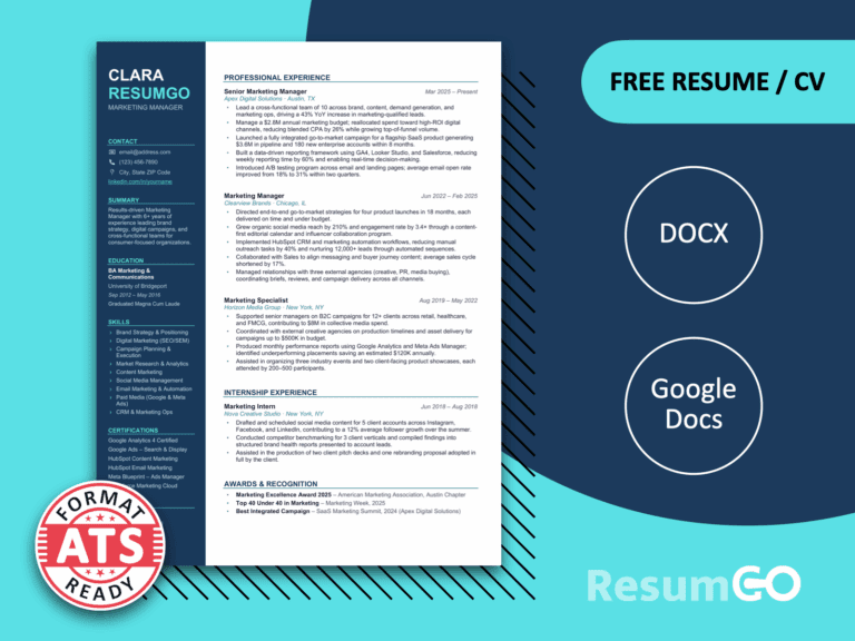 Duke Humfrey modern sidebar resume template with blue ATS-friendly layout for Word and Google Docs