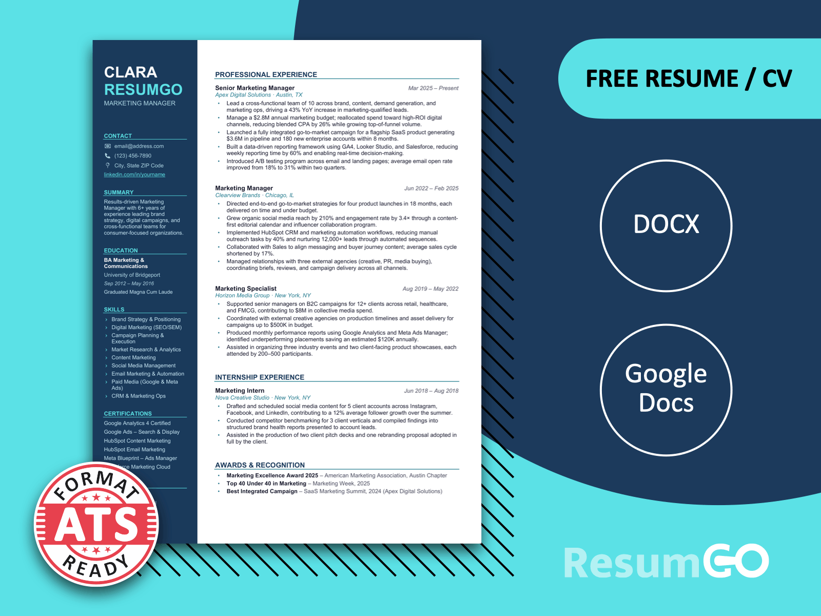 Duke Humfrey modern sidebar resume template with blue ATS-friendly layout for Word and Google Docs