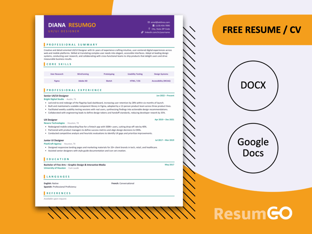 Escorial bold header resume template with modern purple design for Word and Google Docs