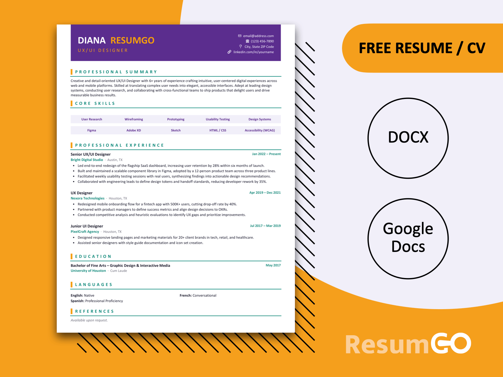 Escorial bold header resume template with modern purple design for Word and Google Docs