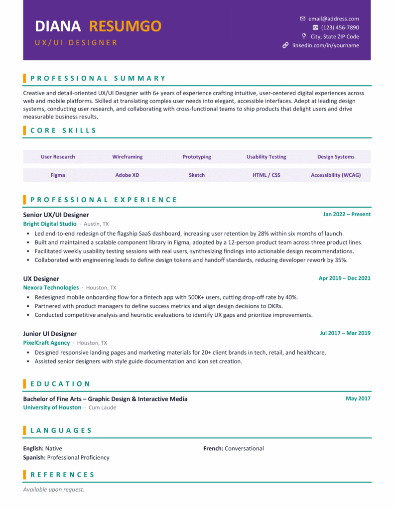Escorial Resume Template Preview Preview of Escorial resume template with purple header, clean sections, and one-column layout