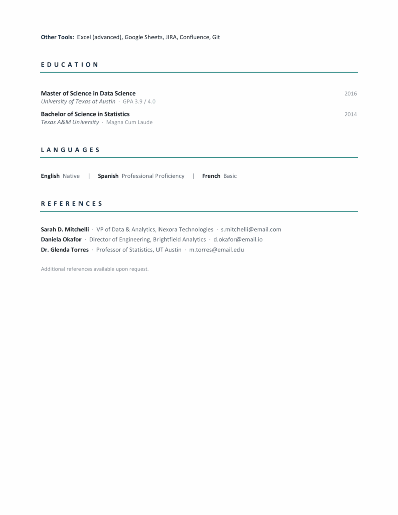 Folger Clean Professional Resume Template Page 2 Preview Second page preview of the Folger ATS-ready professional resume template with education and references sections