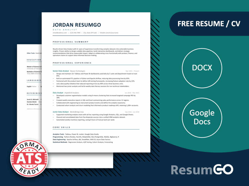 Clean professional resume template with Green teal accents, ATS-ready layout, and editable Word and Google Docs format